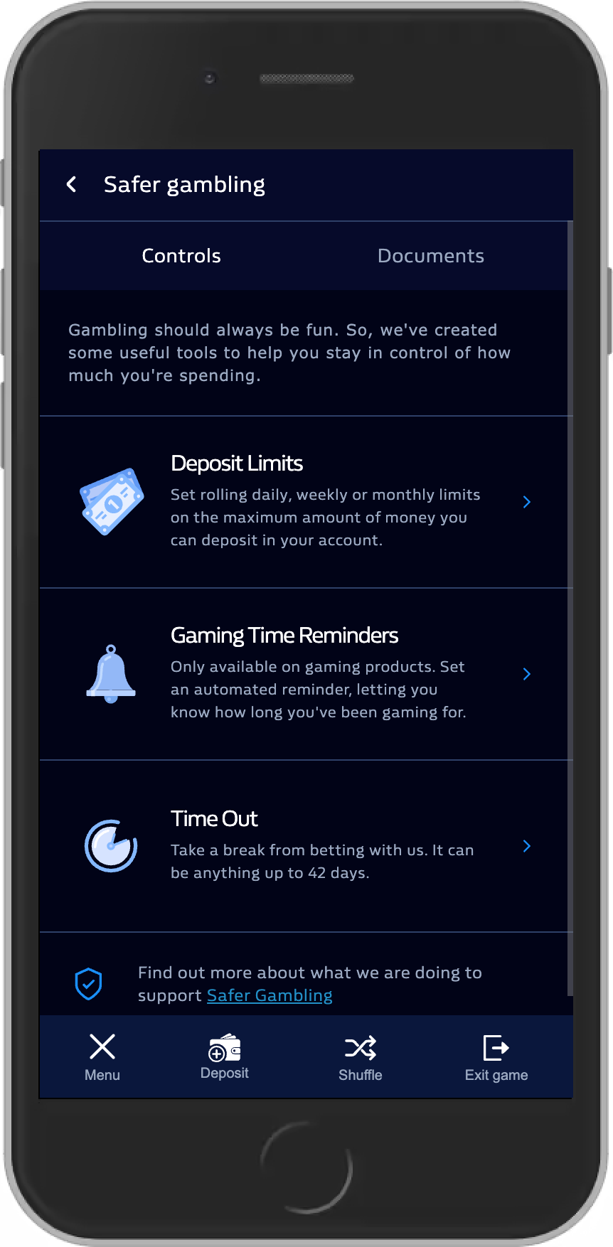 Safer gambling screen